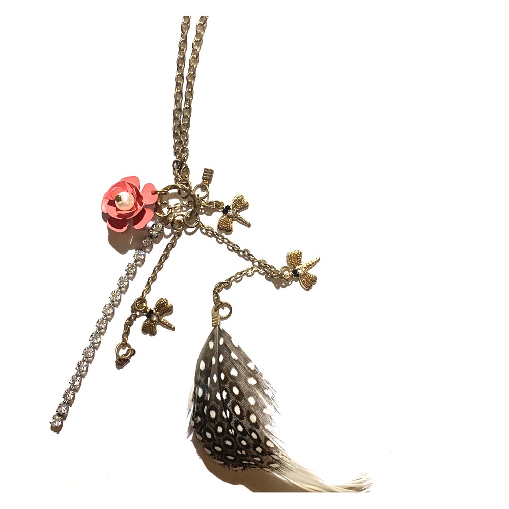 Extra Long Feather Necklace with Dragonflies